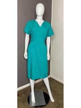 1970’s Teal Green Secretary Dress Linen Blend from Damon 2 size Medium